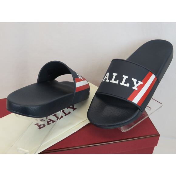 NIB BALLY SIMON NAVY INK RUBBER RED WHITE WEB LOGO SANDAL POOL SLIDES 8 D ITALY main image 9